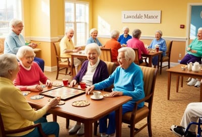 Residents playing games and enjoying cookies in the common area