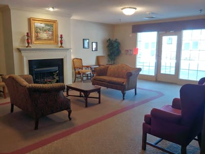 Cozy common area with seating and artwork