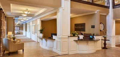 Bright and welcoming lobby area of a senior living facility