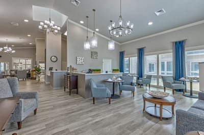 Bright common area with seating and decor