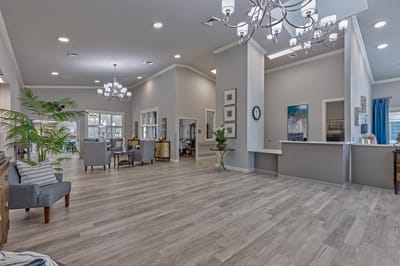 Bright and spacious interior common area with seating