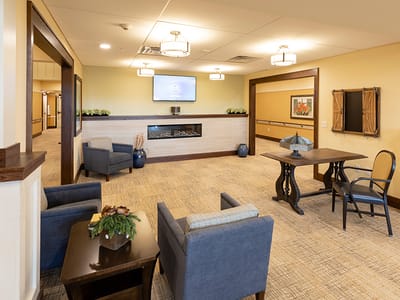 Bright common area with seating and decor