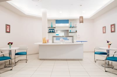 Bright, modern seating area in a nursing home lobby