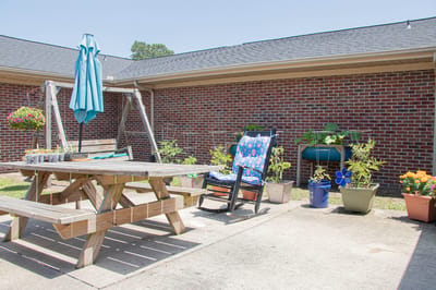 Outdoor seating area with plants and a swing
