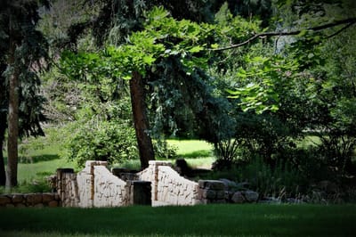 A serene outdoor space with stone features and greenery.
