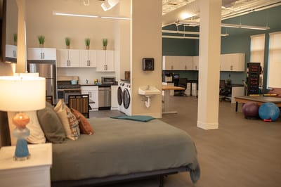 Bright interior of a modern living space with amenities.