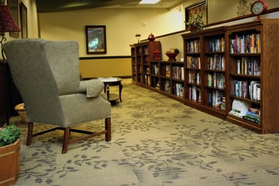 Cozy reading area with bookshelves and a chair.