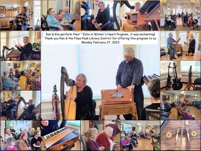 Residents enjoy a musical performance in a common area.