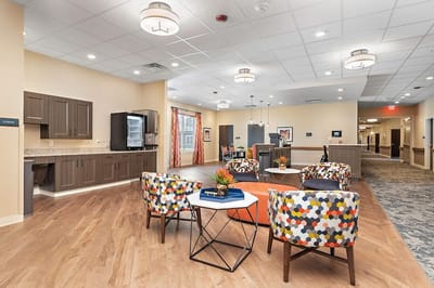 Bright and welcoming common area with colorful seating.