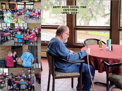 Residents enjoying social time in a cafeteria setting.