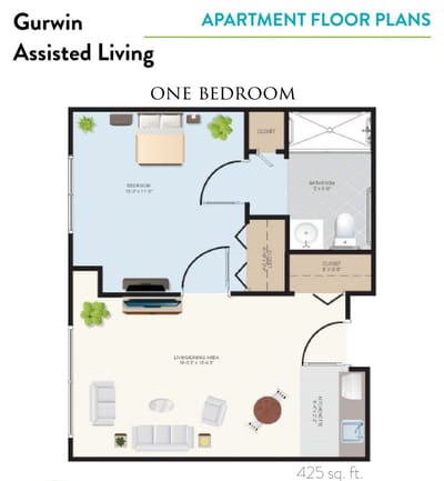One-bedroom apartment floor plan for assisted living.