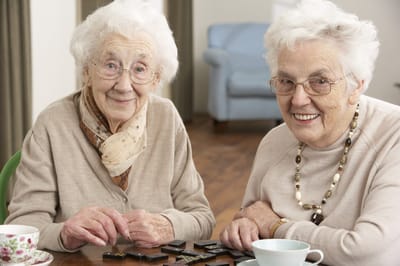 Two elderly women playing a game indoors.