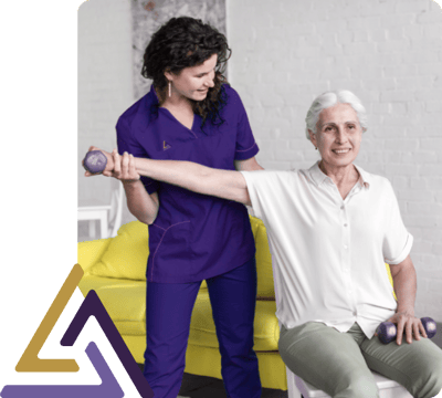 Therapist assisting senior with weights in a bright interior