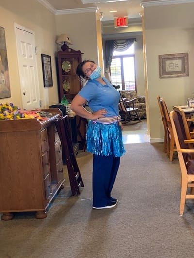 Staff member in costume during an event.