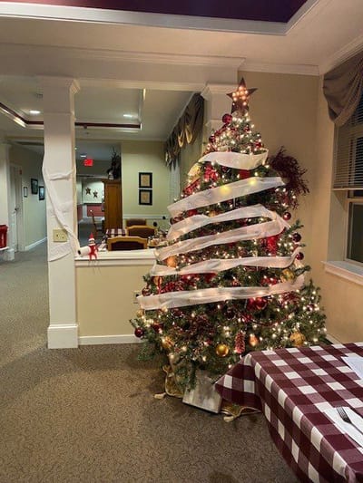 Festively decorated Christmas tree in a common area