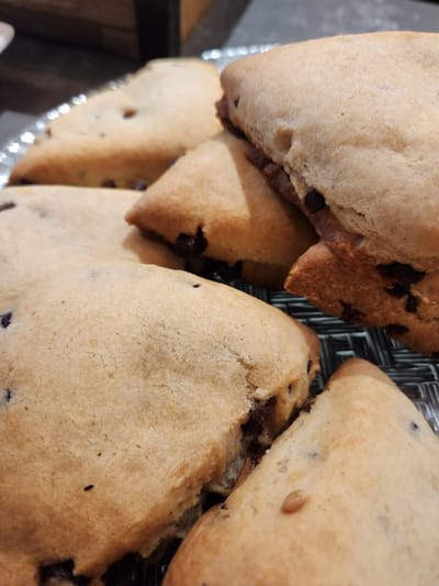 Close-up of baked goods on a tray.