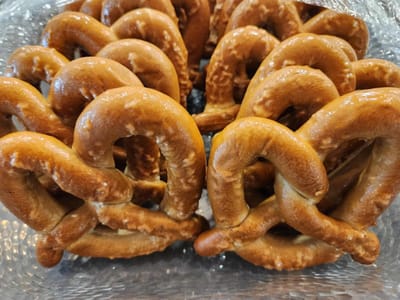 A close-up of pretzels stacked together.