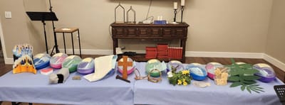 Decorative display with beach balls and various items