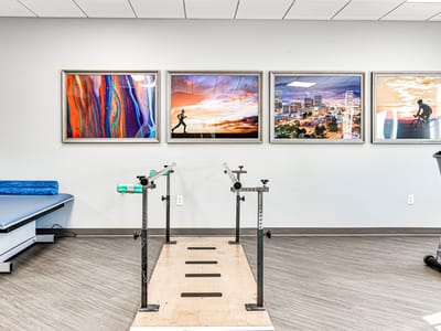 Rehabilitation space with exercise equipment and artwork