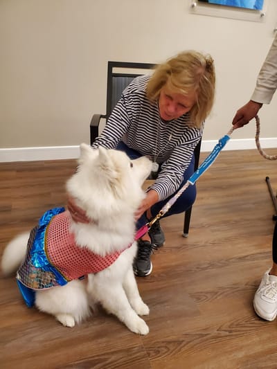 Resident interacting with a therapy dog indoors.