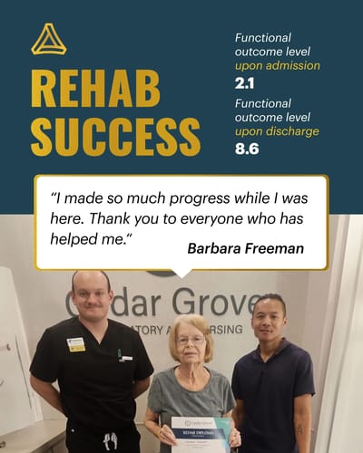 Residents and staff celebrating rehab success.