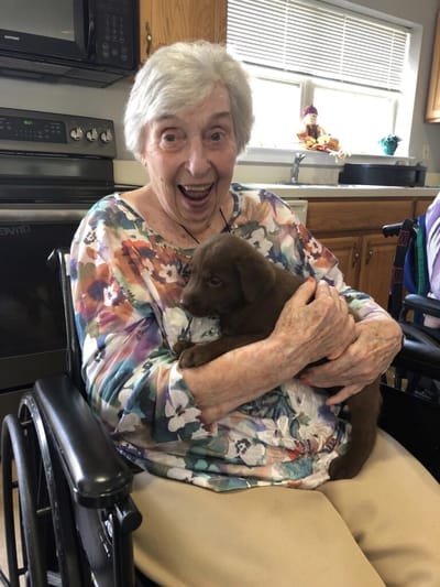 A resident joyfully holding a puppy in a kitchen.