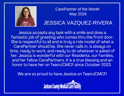 CarePartner of the Month award with a photo of Jessica.