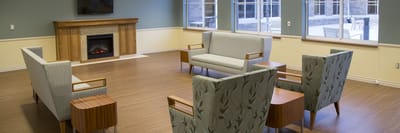 Bright and inviting common area with seating.