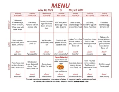 Weekly meal menu with various food options.
