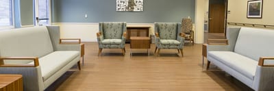 Bright common area with modern seating.