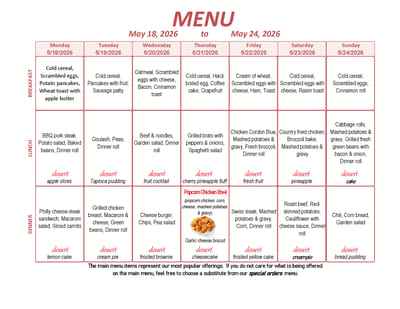 Weekly menu for the facility dining service.