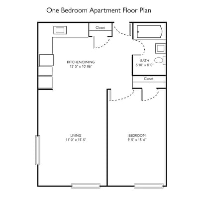 Detailed floor plan of a one-bedroom apartment