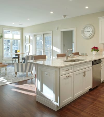 Bright interior view of a modern kitchen and living area
