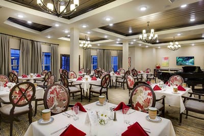 Elegant dining room setup with floral decor