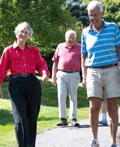 A group of seniors walking in a garden setting