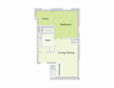 Floor plan of a one-bedroom unit