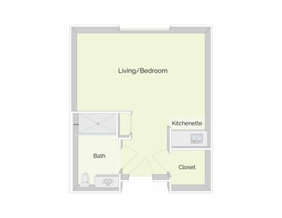 Architectural floor plan of a living/bedroom unit