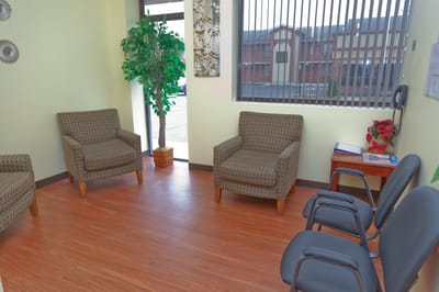 Bright waiting area in a senior care facility
