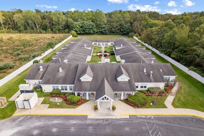 Aerial view of Baker Place's exterior and landscaped grounds