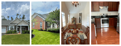 Exterior views of residential buildings and dining area