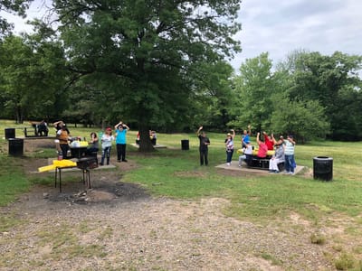 Residents participating in an outdoor group activity
