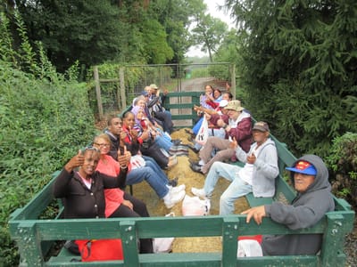 Residents enjoying an outdoor activity on a wagon ride