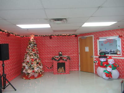Decorated activity room for holiday celebration
