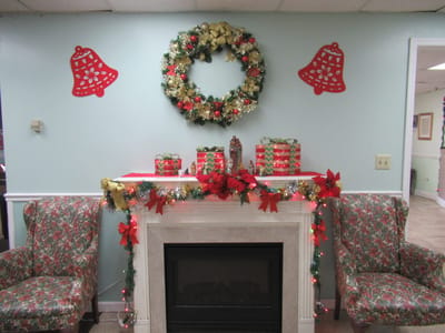 Festive holiday decorations in a common area