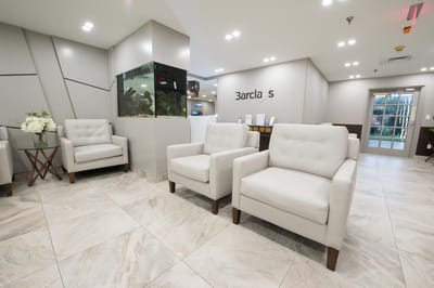 Modern lobby with seating and aquarium
