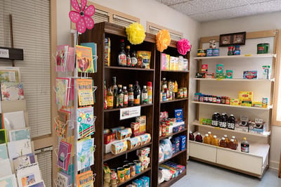 Interior view of a facility pantry with snacks and drinks
