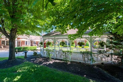A beautiful gazebo surrounded by lush greenery in an outdoor space