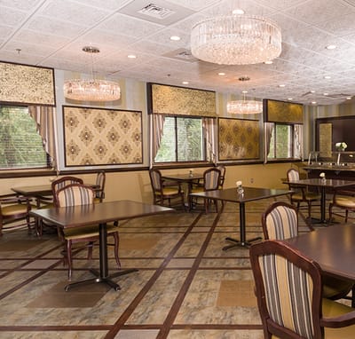 Elegant dining room with tables and chandeliers