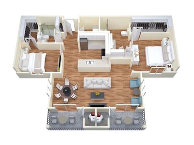 Aerial view of a spacious apartment layout