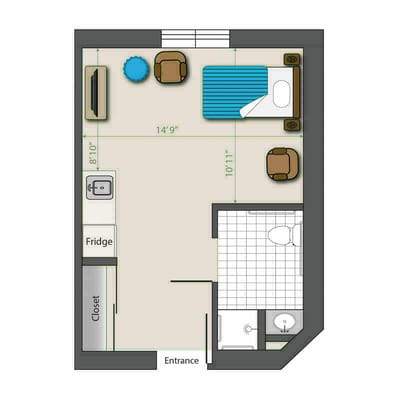 Architectural floor plan of a resident room layout